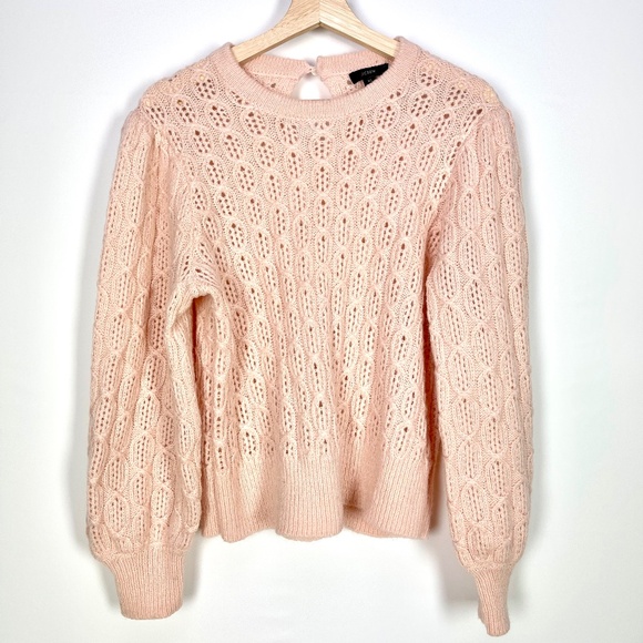 J. Crew Balloon Sleeve Cable Knit Peach Pink Alpaca Wool Blend Sweater Womens XL - Picture 2 of 14
